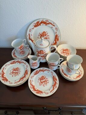 Porcelain Tea Set with Red Dragon Motif - Elegant Home Dining